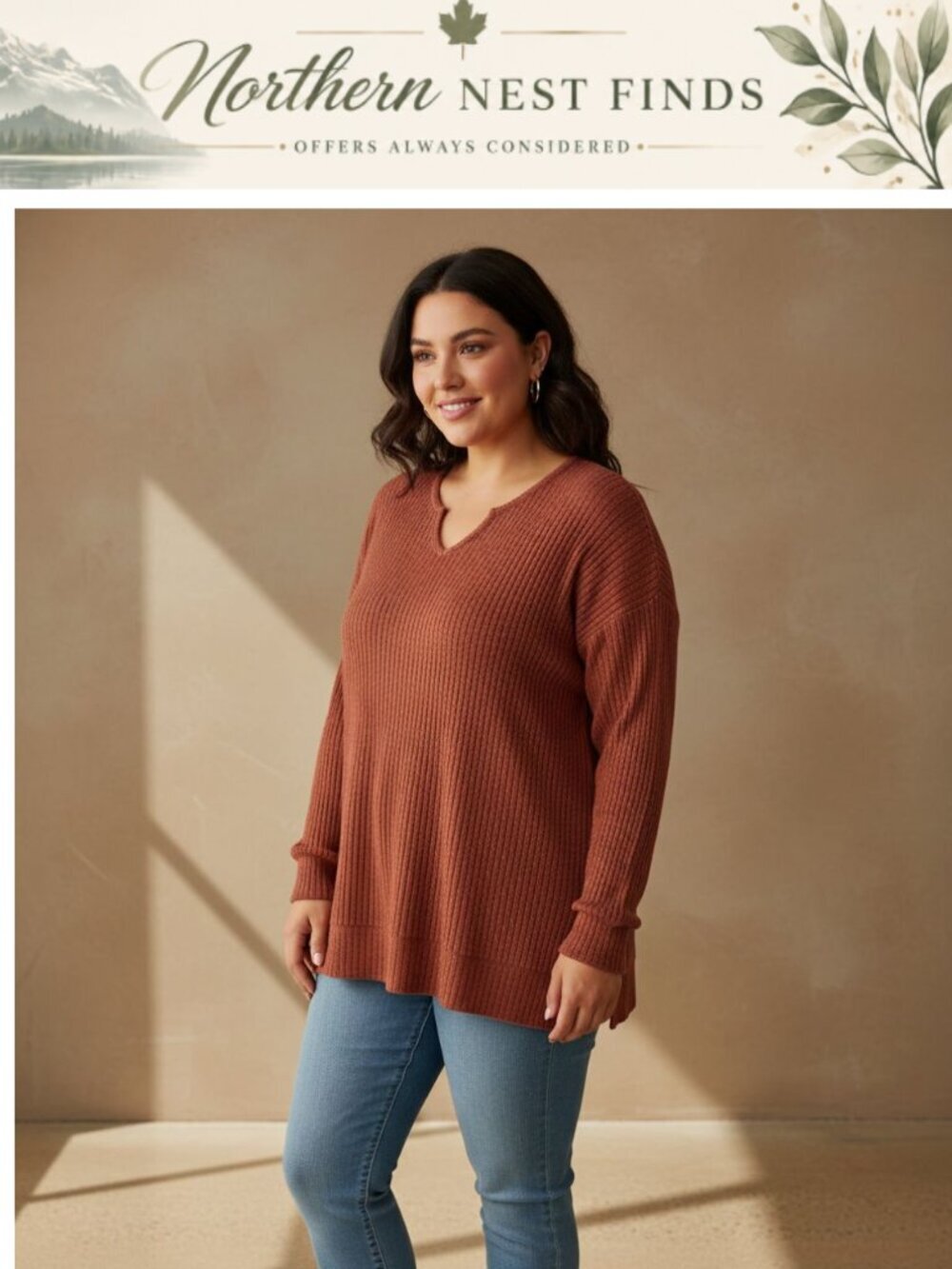 Women's Long Sleeve V Neck Lightweight Knit Tunic Sweater Loose Fit Plus Size